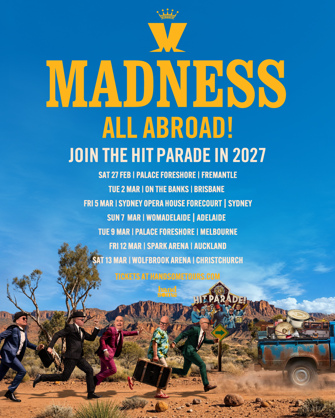 Madness All Abroad 2027 Tour poster showing band members running in the outback with dates in Fremantle, Sydney, Adelaide, and Melbourne.
